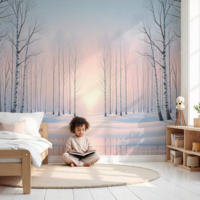Winter forest mural wallpaper with snow-covered birch trees in modern nursery by Kids-Mundo