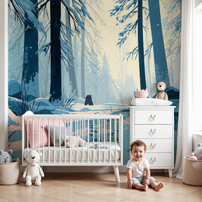 Winter forest mural wallpaper creating magical snowy atmosphere in modern nursery by Kids-Mundo