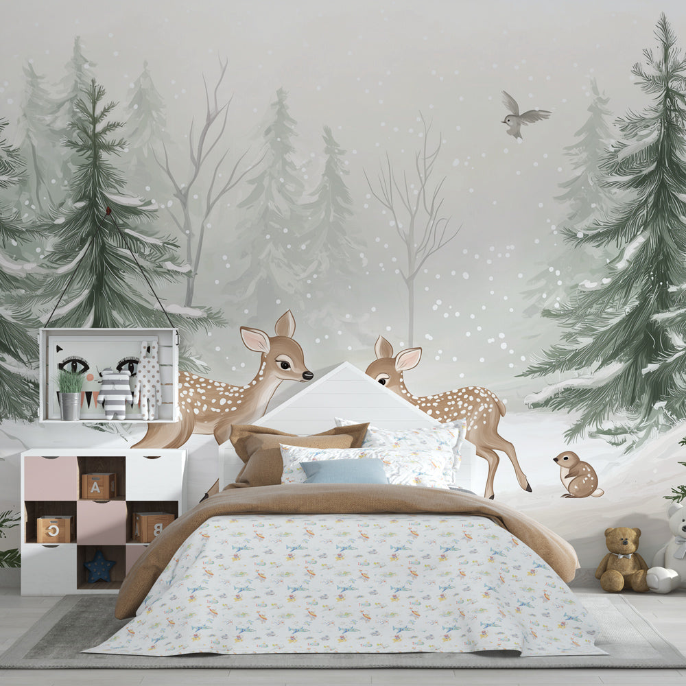 Snow-dusted forest mural wallpaper creating cozy kids playroom atmosphere by Kids-Mundo