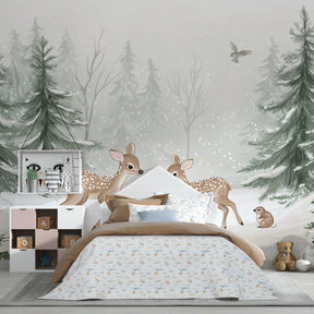 Snow-dusted forest mural wallpaper creating cozy kids playroom atmosphere by Kids-Mundo