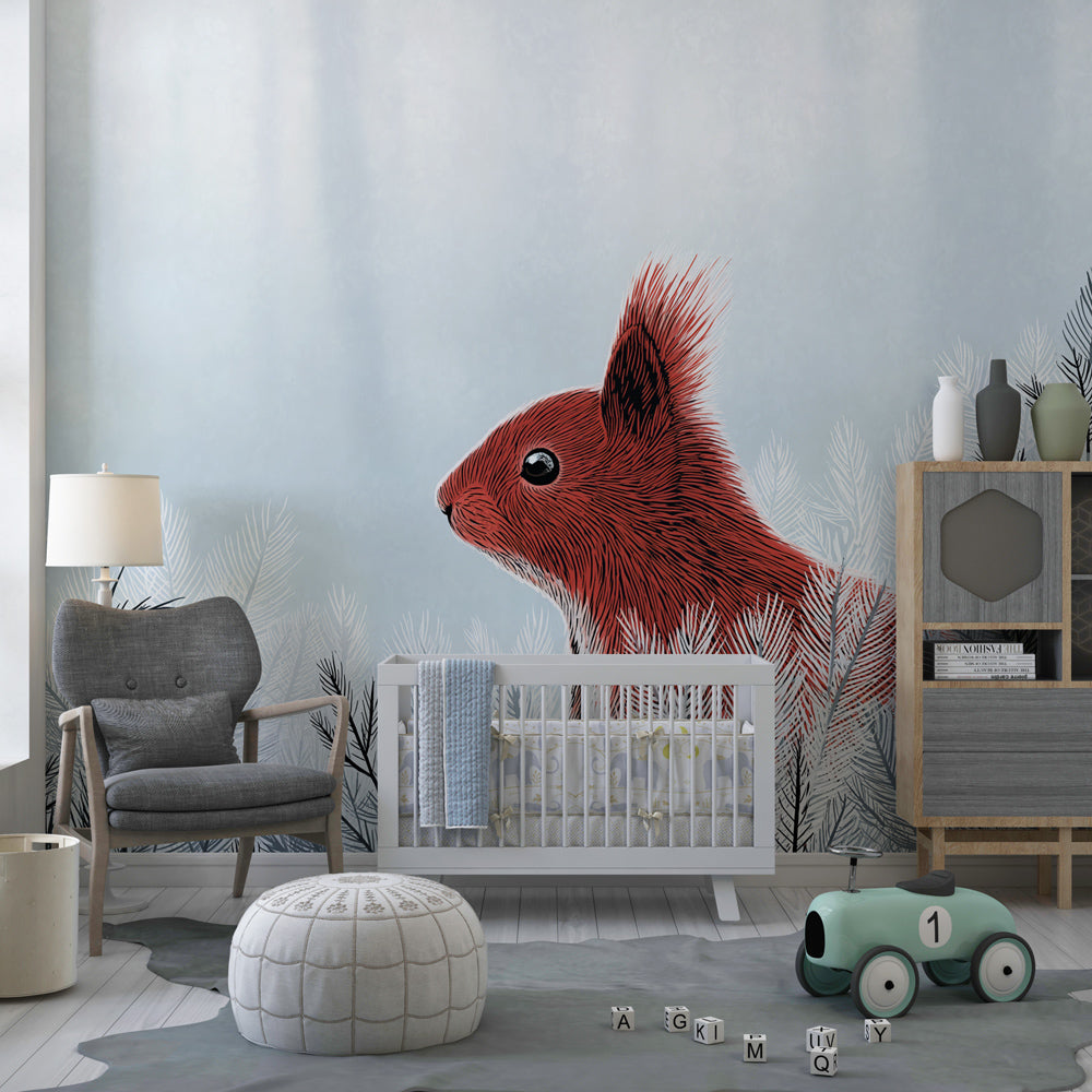 Forest animal wallpaper with squirrel design in cozy kids playroom setting