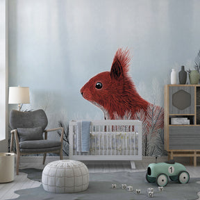 Forest animal wallpaper with squirrel design in cozy kids playroom setting