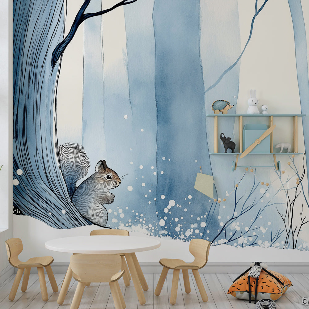 Squirrel forest wallpaper creating calming blue-toned playroom decor for children
