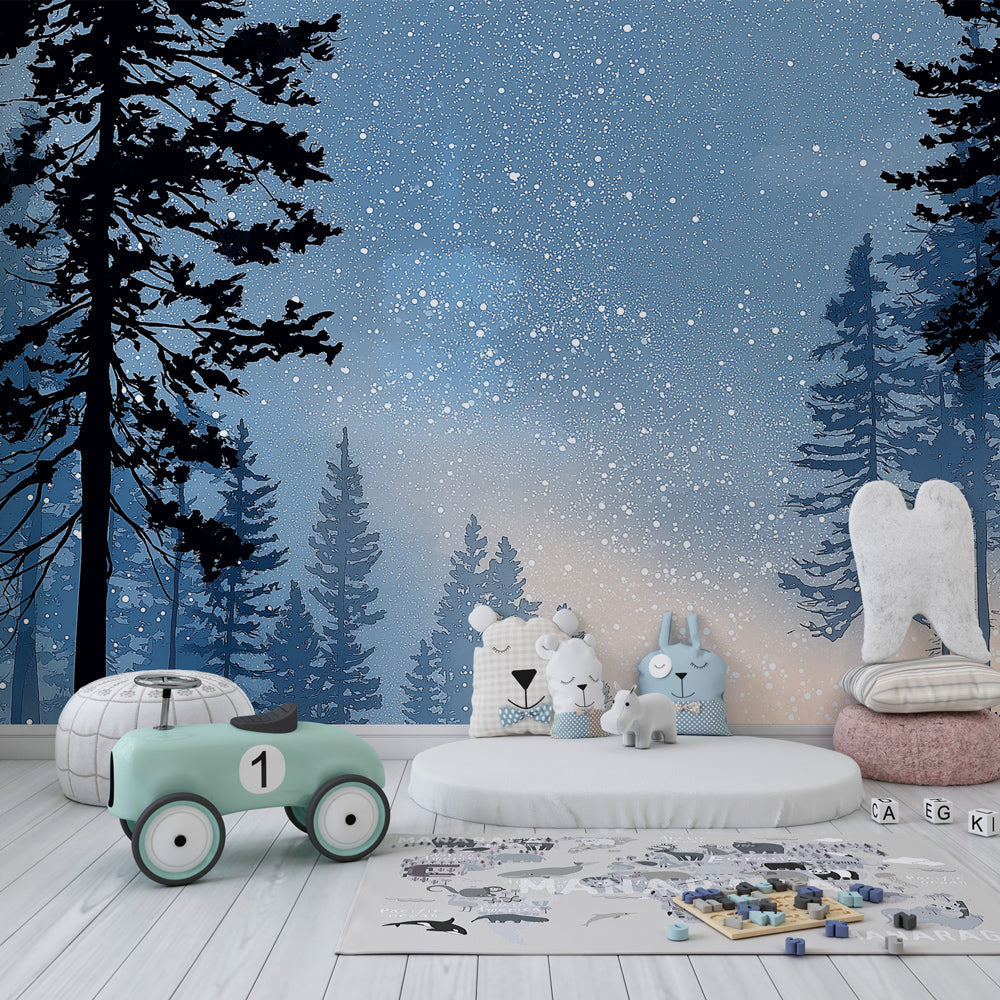 Blue winter forest mural wallpaper with deer silhouette for peaceful kids playroom