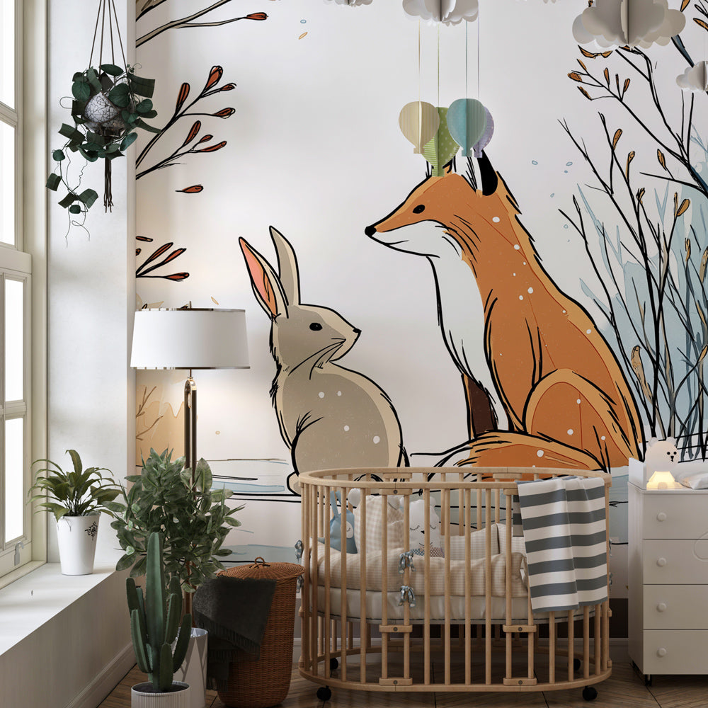 Snow scene animal wallpaper transforming kids room into peaceful woodland retreat