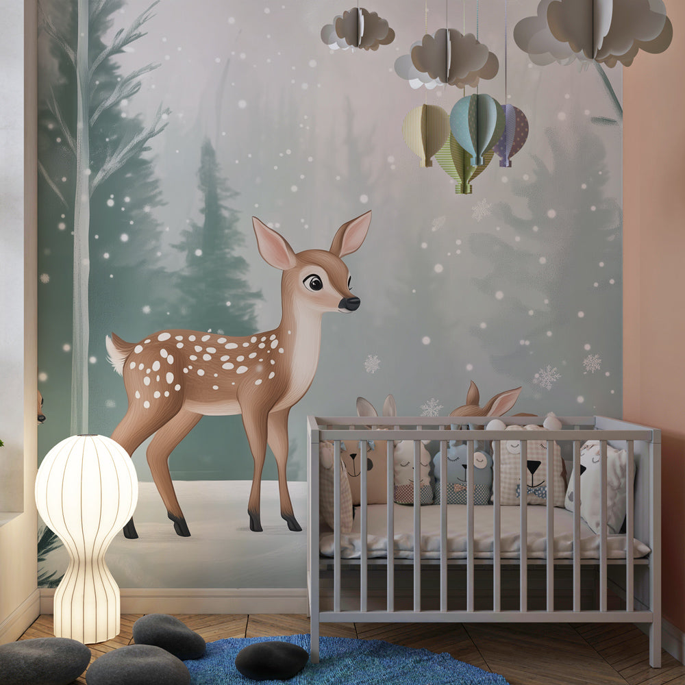 Winter woodland mural wallpaper creating magical forest atmosphere in children's room