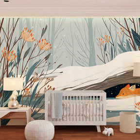 Peaceful fox wallpaper creating serene children's bedroom with winter forest theme