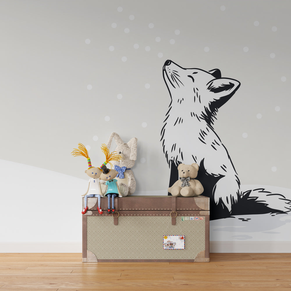 Snowy forest fox wallpaper creating peaceful atmosphere in children's bedroom