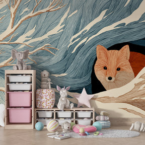 Peaceful winter fox wallpaper in modern children's bedroom setting with natural decor