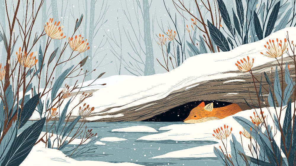 Detailed winter fox mural wallpaper design pattern with snowflakes and blue botanicals by Kids-Mundo