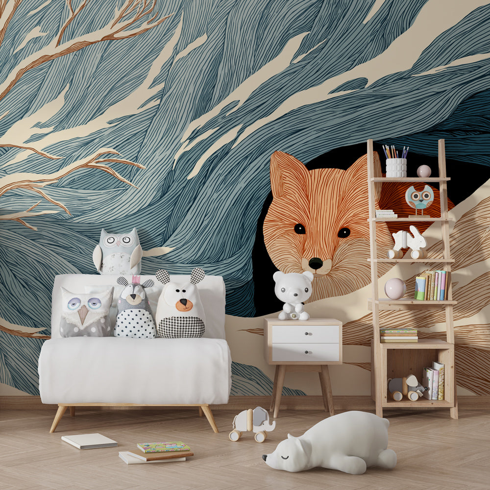 Charming fox mural wallpaper transforming kids room into magical winter woodland retreat