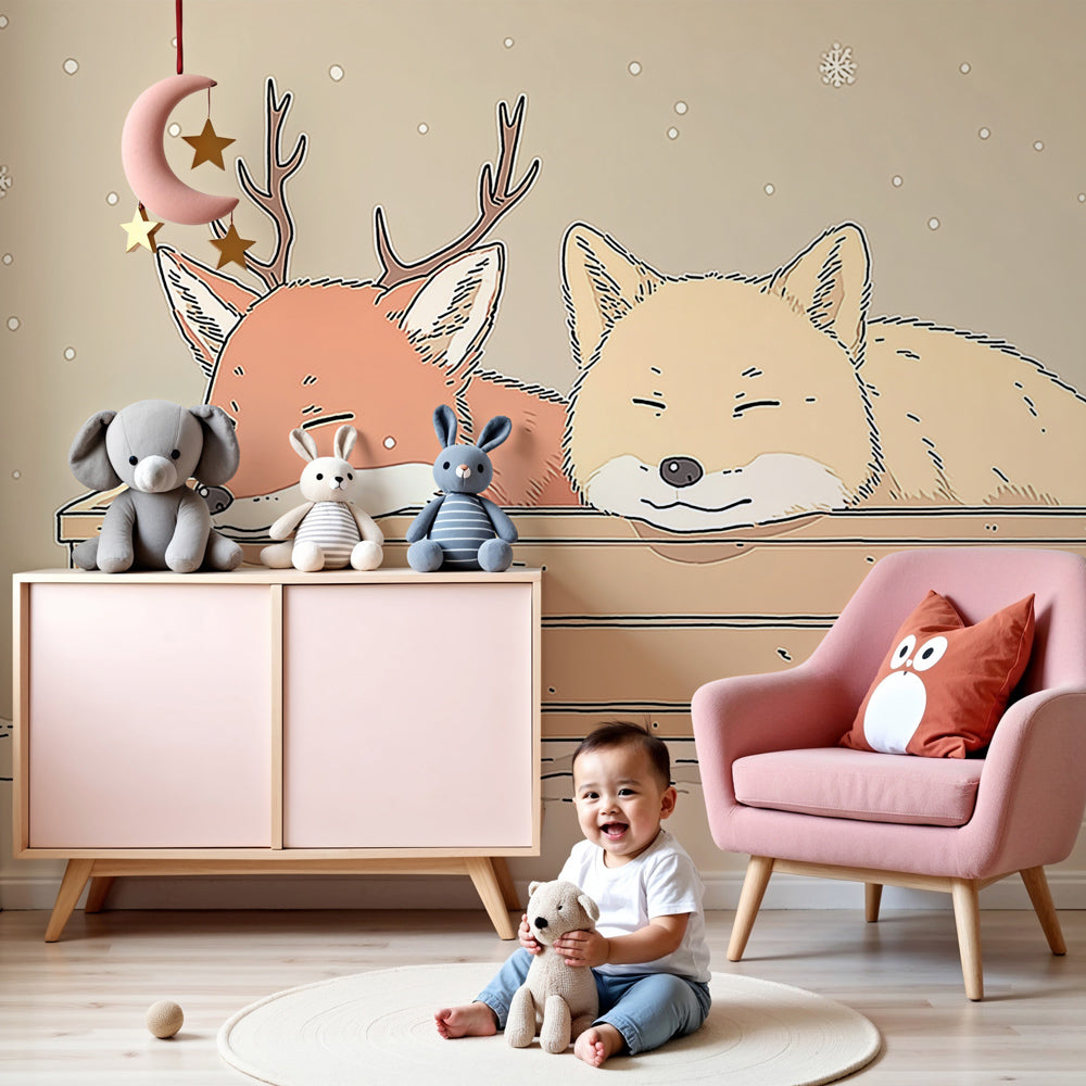Winter fox and fawn mural wallpaper creating cozy woodland nursery decor by Kids-Mundo