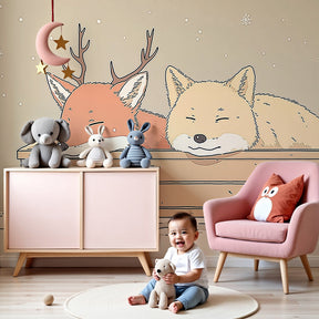 Winter fox and fawn mural wallpaper creating cozy woodland nursery decor by Kids-Mundo