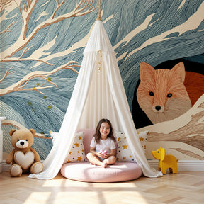 Winter fox mural wallpaper creating cozy woodland nursery decor by Kids-Mundo