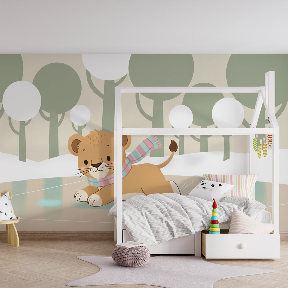 Ice skating lion mural wallpaper transforming baby room into winter wonderland