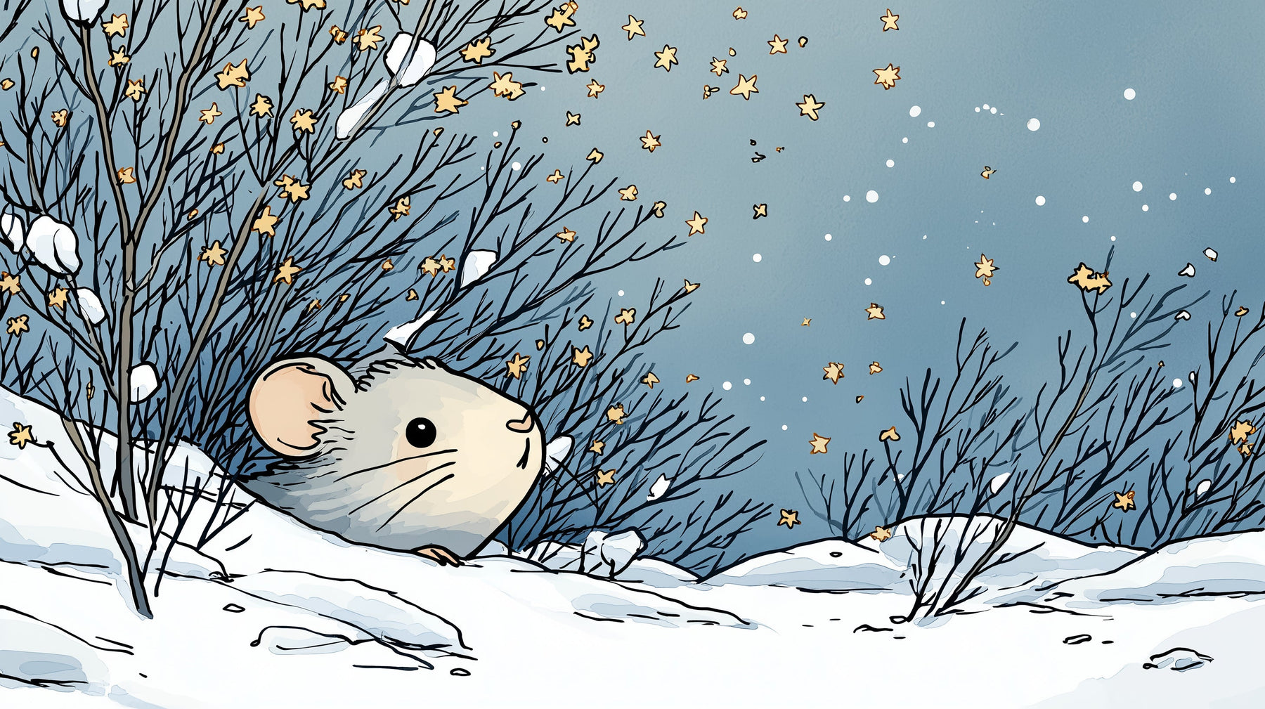 Detailed winter mouse mural wallpaper design pattern with golden stars and snowy branches by Kids-Mundo