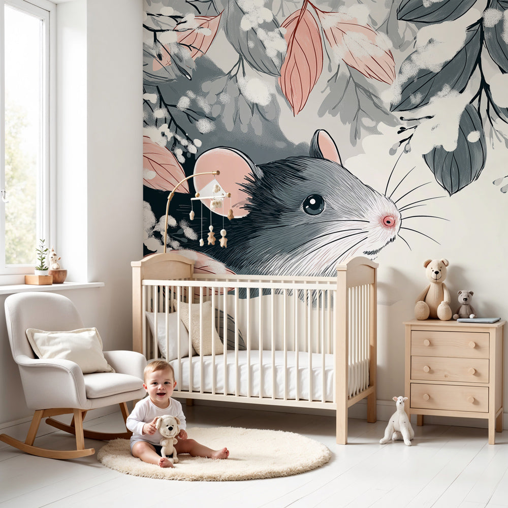 Winter mouse mural wallpaper in modern baby nursery with white crib by Kids-Mundo