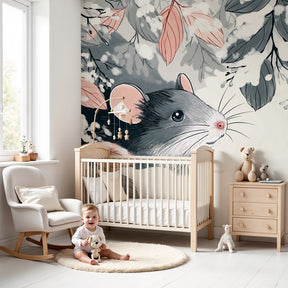 Winter mouse mural wallpaper in modern baby nursery with white crib by Kids-Mundo
