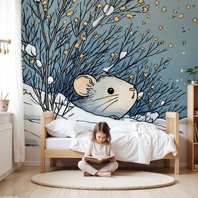 Winter mouse mural wallpaper in cozy children's nursery with snowy woodland theme by Kids-Mundo