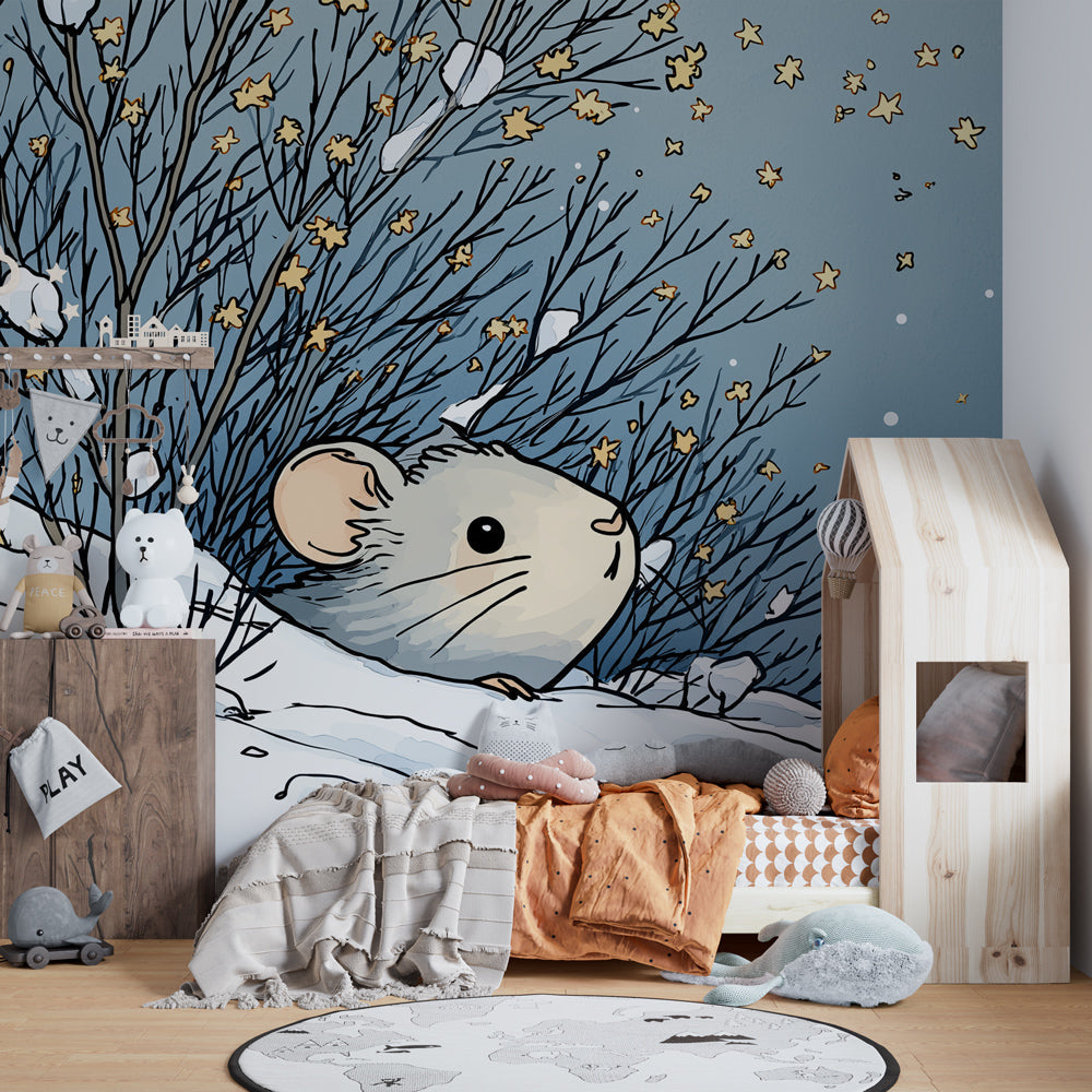 Winter woodland mouse mural wallpaper transforming children's playroom into snowy wonderland