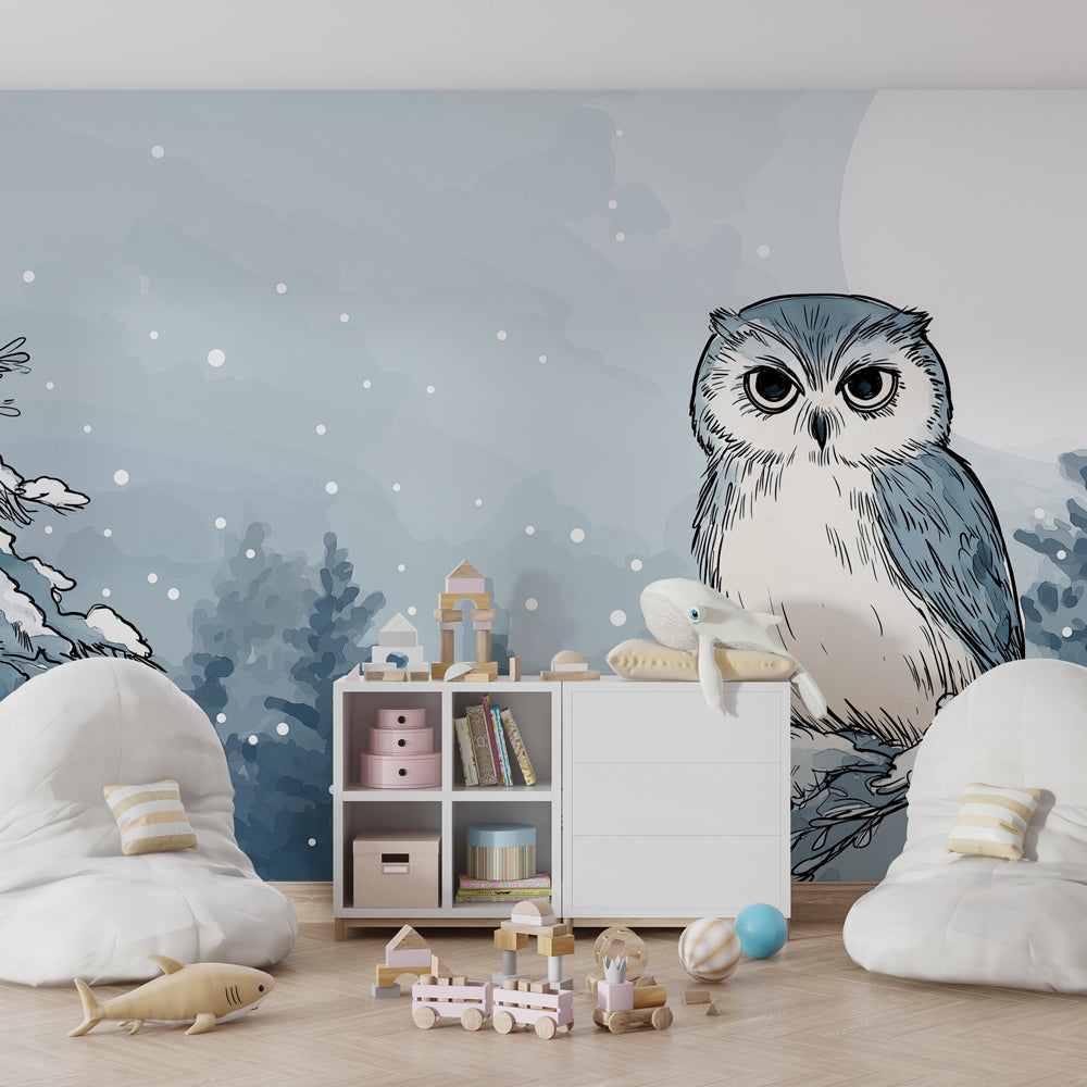 Snowy forest owl mural wallpaper with soft blue tones for children's room decor
