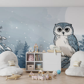 Snowy forest owl mural wallpaper with soft blue tones for children's room decor