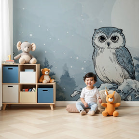 Winter owl mural wallpaper in cozy nursery with snowy forest scene by Kids-Mundo
