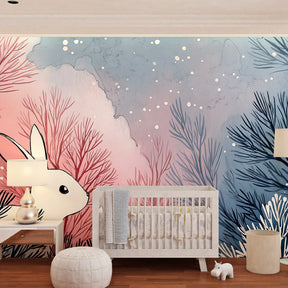 Enchanted forest rabbit wallpaper creating magical children's bedroom decor with winter woodland theme
