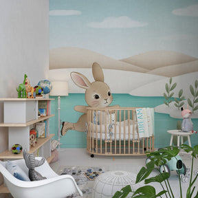 Ice skating bunny wallpaper creating magical winter atmosphere in children's bedroom decor