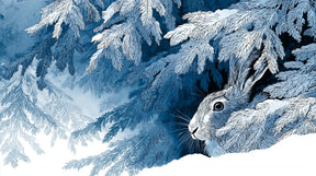 Detailed winter rabbit mural wallpaper design pattern showing snowy branches and woodland scene by Kids-Mundo