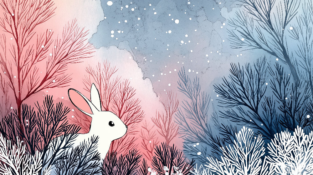 Detailed winter rabbit forest mural wallpaper design pattern showing enchanted woodland scene by Kids-Mundo