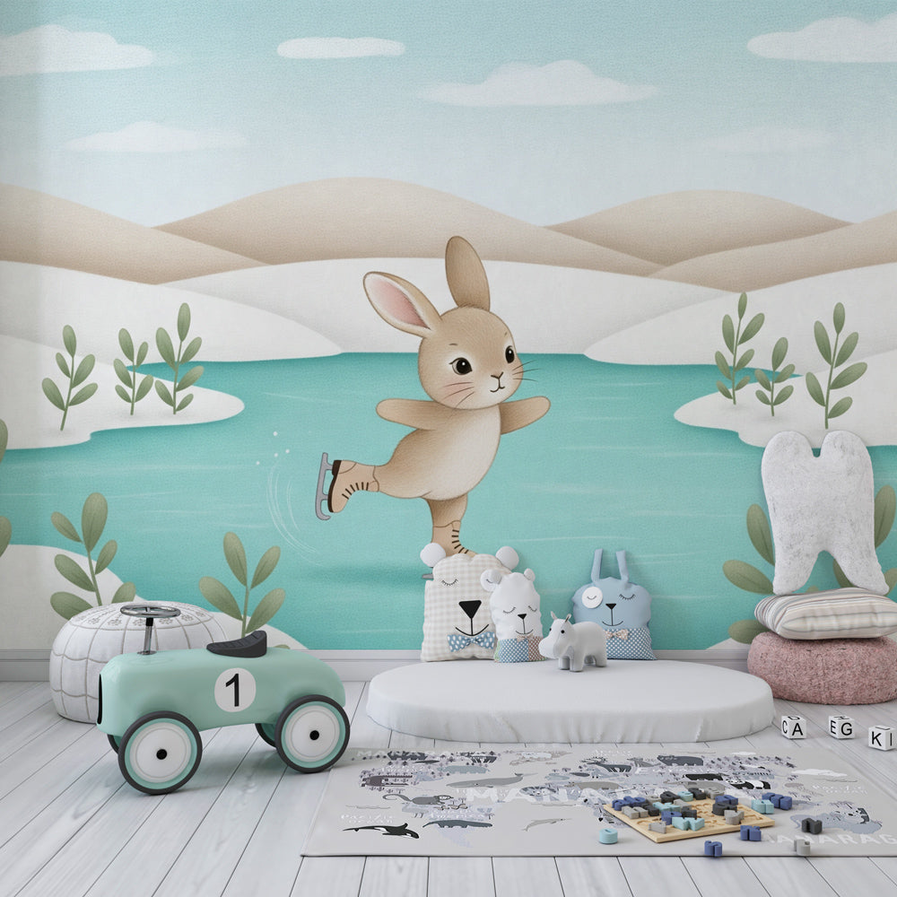 Winter animal mural wallpaper with skating rabbit displayed in cozy kids room setting