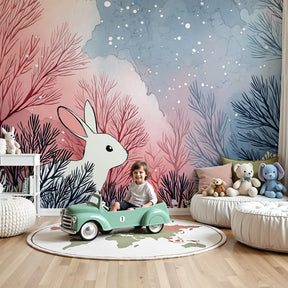 Winter rabbit mural wallpaper in peaceful nursery with soft blue and pink forest scene by Kids-Mundo