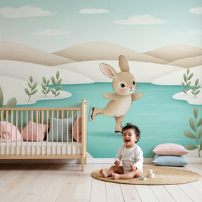 Winter rabbit ice skating mural wallpaper in modern nursery with natural wood furniture by Kids-Mundo