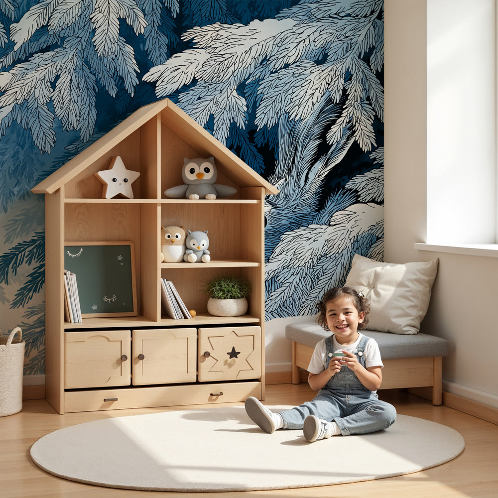 Winter rabbit mural wallpaper in cozy nursery setting with natural wooden furniture by Kids-Mundo