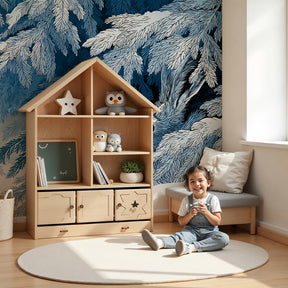Winter rabbit mural wallpaper in cozy nursery setting with natural wooden furniture by Kids-Mundo