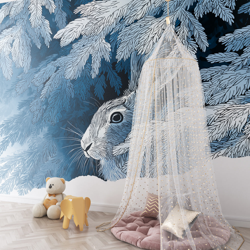 Nature-themed rabbit wallpaper transforming kids playroom into winter wonderland by Kids-Mundo