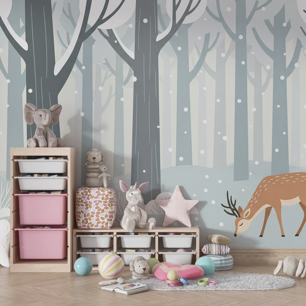 Close-up view of winter reindeer mural wallpaper showing detailed forest scene