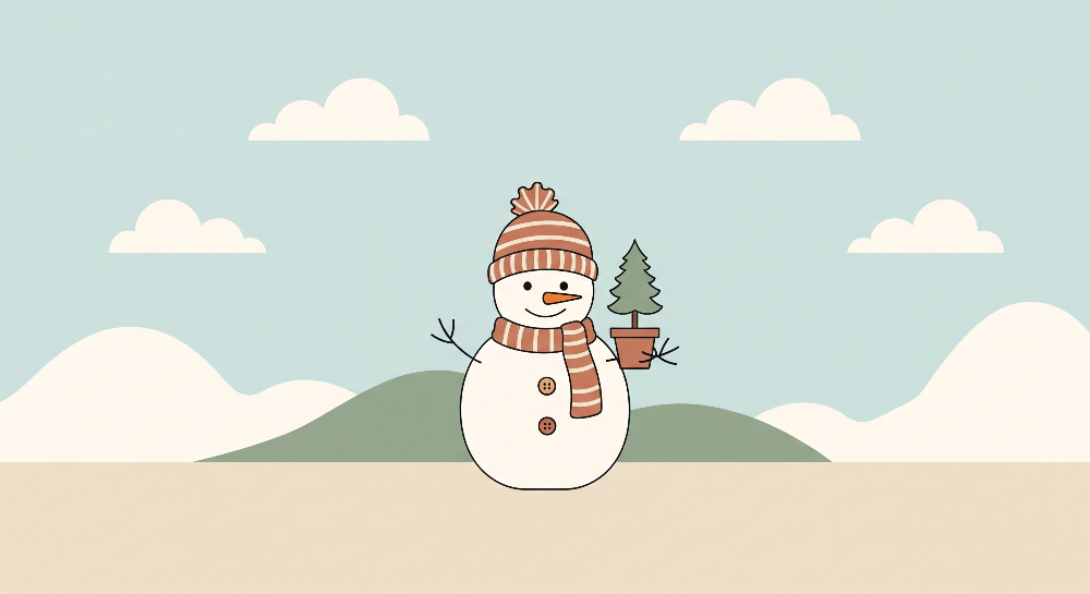 Kids-Mundo flat artwork of a smiling snowman holding a small potted fir tree