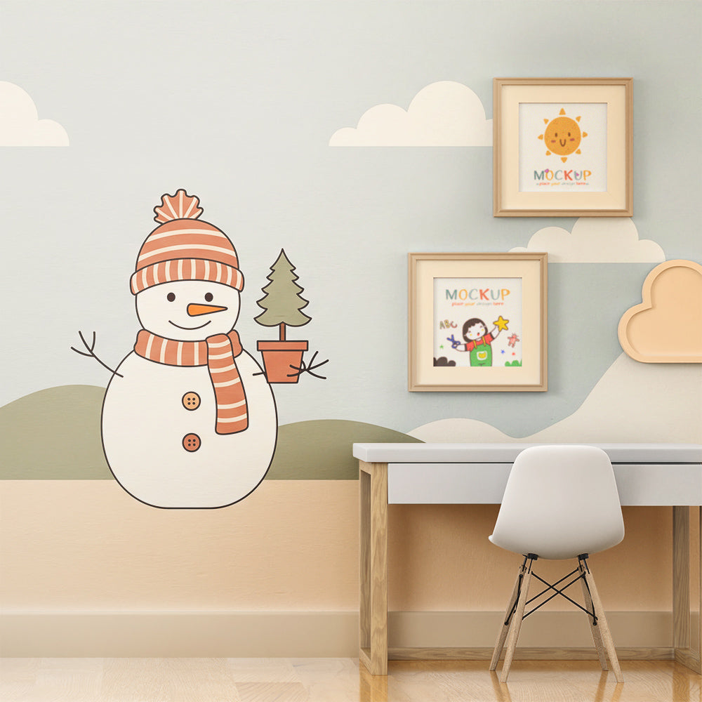 Kids-Mundo happy snowman and fir tree wall mural in a bright children's playroom