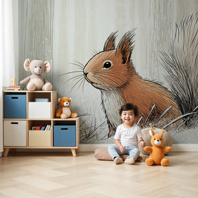 Winter squirrel mural wallpaper creating peaceful forest atmosphere in modern children's nursery by Kids-Mundo