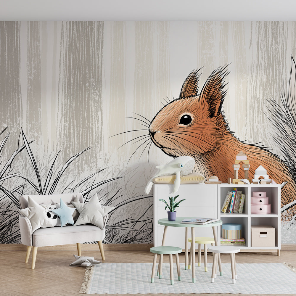Forest animal mural wallpaper featuring cute squirrel in winter setting for children's playroom decor