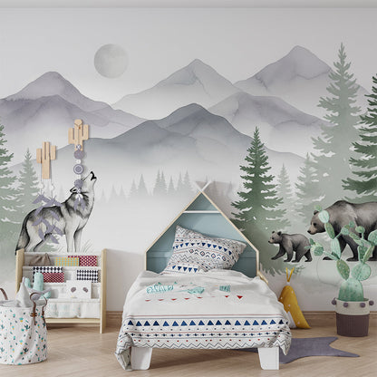 Kids-Mundo watercolour wolf and bear mural covering a wall in a woodland-themed bedroom