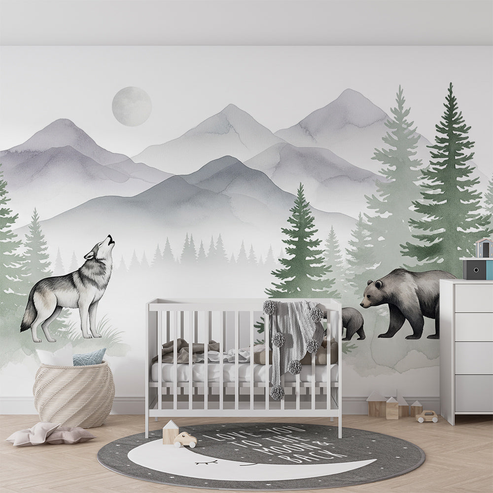 Kids-Mundo wolf and bear mountain mural on a playroom wall behind a reading corner