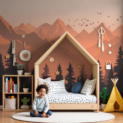Kids-Mundo wolf and sunset mountain wall mural styled in a calm nursery with soft furnishings and warm natural light.