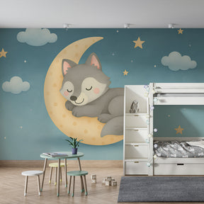Children's bedroom featuring wolf moon wallpaper with starry night sky and dreamy blue tones