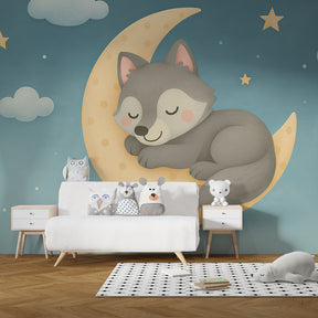 Wolf moon mural wallpaper creating magical bedtime atmosphere in cozy children's room