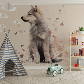 Autumn wolf mural wallpaper with falling leaves design for kids room decor by Kids-Mundo