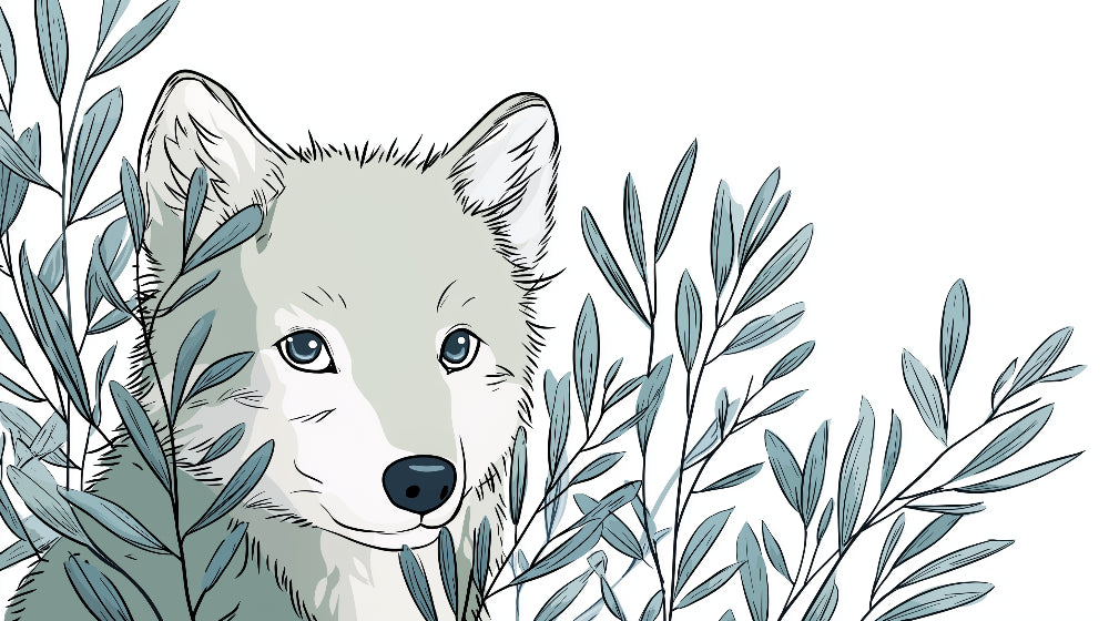 Detailed wolf and foliage mural wallpaper design pattern with soft green blue tones by Kids-Mundo