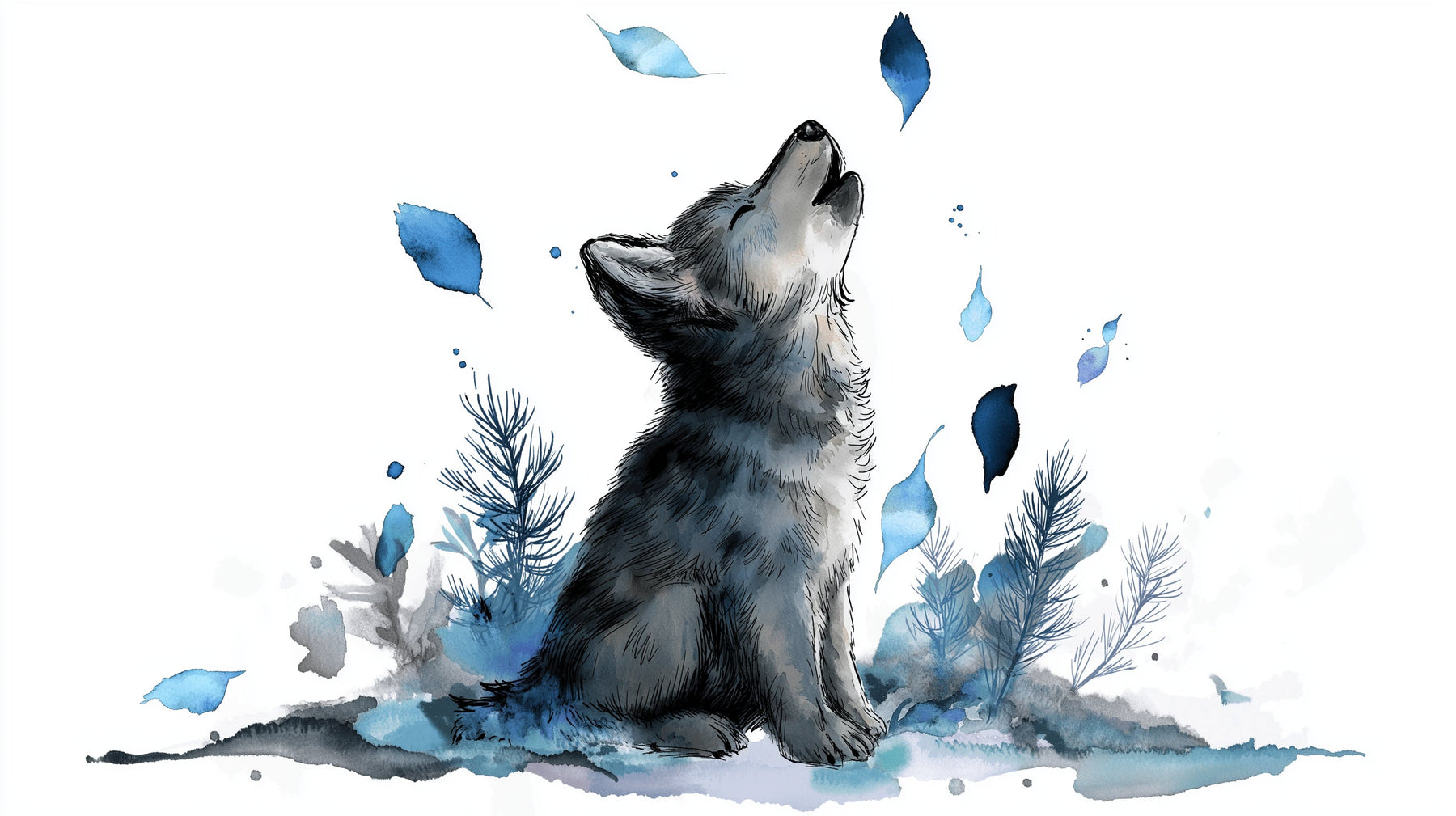 Detailed wolf under starry sky mural wallpaper design pattern with watercolor forest elements by Kids-Mundo